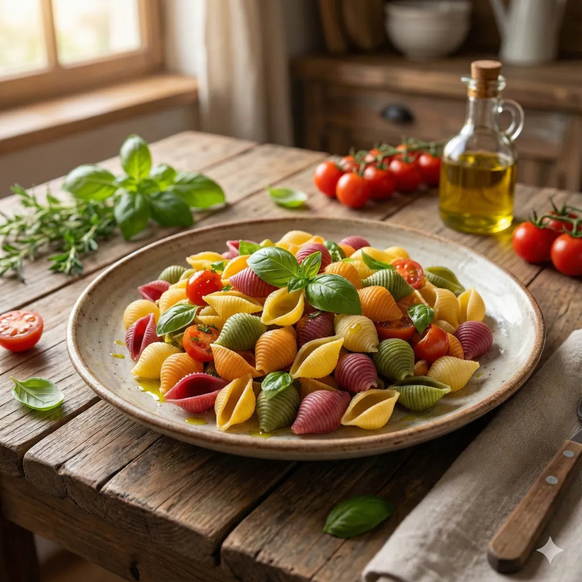 Bunte, handgemachte Naif Conchiglie Nudeln in Muschelform, liegend auf einer rustikalen Oberfläche