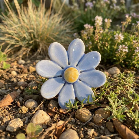 Blaues Keramik Gänseblümchen auf einem Metallstiel, ideal als Garten- oder Topfdekoration.