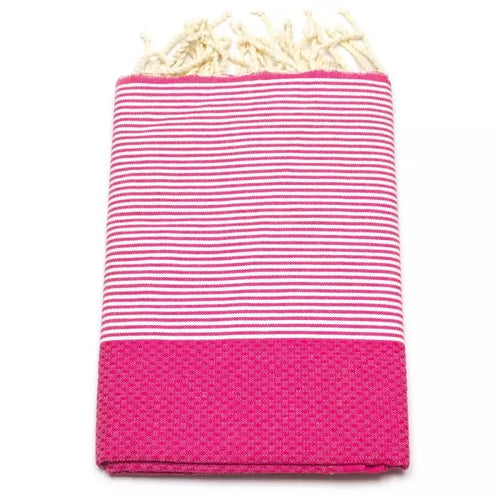 Fuchsia Flower Wabenmuster Fouta von Anna Aniq in Rosa: 100 % recycelte Baumwolle, fair produziert in Tunesien, weich, saugfähig, schnelltrocknend, 200 x 100 cm oder 70 x 50 cm, vielseitig für Sauna, Reisen & Strand.