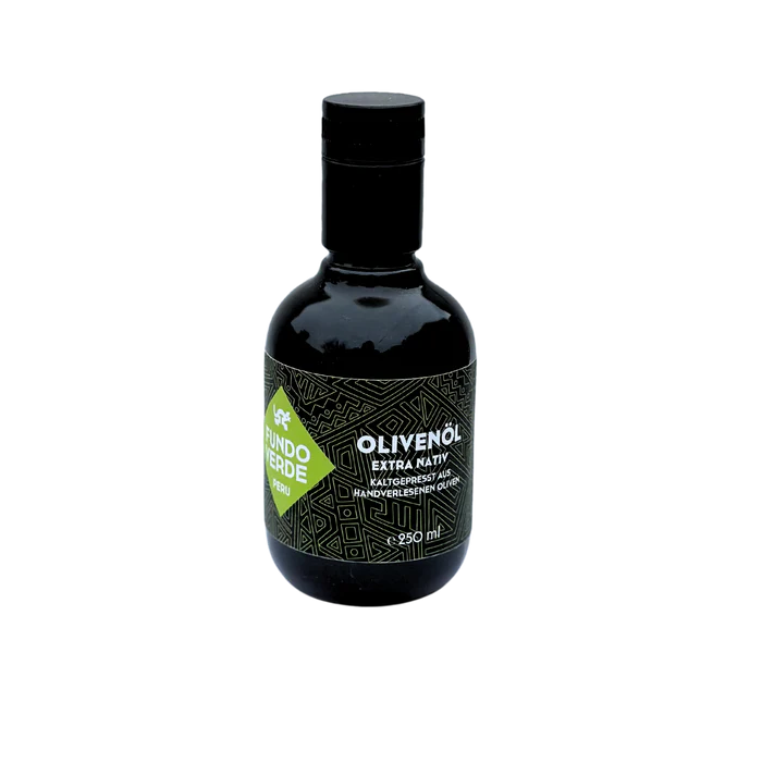 Natives Bio-Olivenöl extra von Fundo Verde in dunklem Glas – Criolla-Oliven aus Peru, nachhaltige Produktion, beste Qualität.