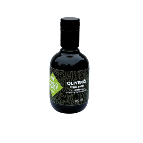 Natives Bio-Olivenöl extra von Fundo Verde in dunklem Glas – Criolla-Oliven aus Peru, nachhaltige Produktion, beste Qualität.