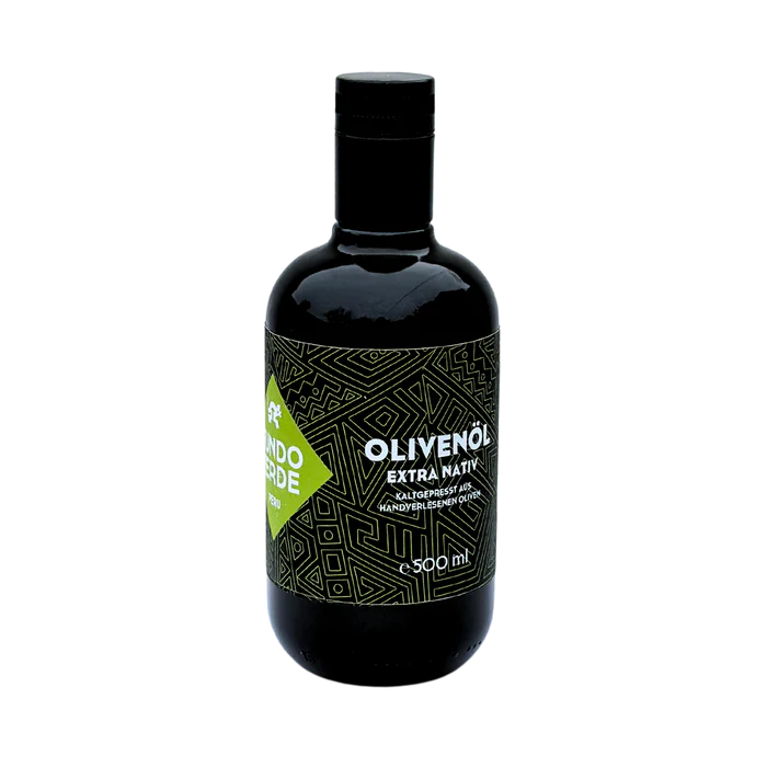 Natives Bio-Olivenöl extra von Fundo Verde in dunklem Glas – Criolla-Oliven aus Peru, nachhaltige Produktion, beste Qualität.