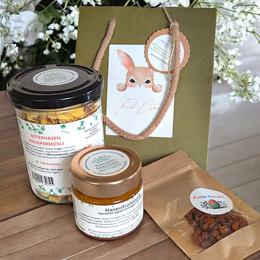 Ostergeschenk-Sackerl mit handgemachten Spezialitäten von Romanas Kräuterei, inkl. Karotten-Apfel-Orangen-Konfitüre, Sanddorn-Rosinen & Knuspermüsli, liebevoll verpackt.