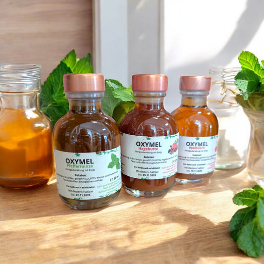 Oxymel Geschenkset von Romanas Kräuterei, Mischung aus Honig & Gärungsessig mit Kräuterauszügen, handgemacht in Katsdorf, kleine & große Variante erhältlich.