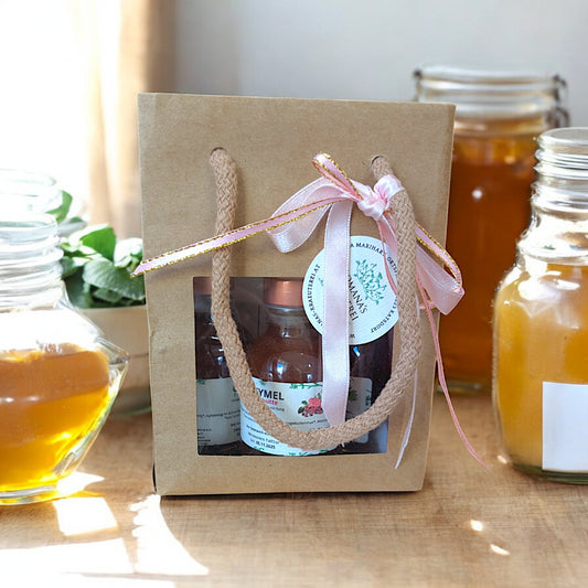 Oxymel Geschenkset von Romanas Kräuterei, Mischung aus Honig & Gärungsessig mit Kräuterauszügen, handgemacht in Katsdorf, kleine & große Variante erhältlich.