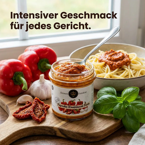 Ein Glas Paprika Knoblauch Pesto mit roter Farbe und sichtbaren Kräutern auf hellem Hintergrund.