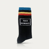 Weiße Socken mit Spruch „Fuck Mondays" aus Baumwolle mit schwarzem Schriftzug und gepolsterter Sohle.