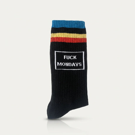 Weiße Socken mit Spruch „Fuck Mondays" aus Baumwolle mit schwarzem Schriftzug und gepolsterter Sohle.