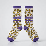 Sportsocken Smiley in Lila mit gelben Smiley-Motiven, aus Baumwolle mit Elasthan-Anteil für Sport und Freizeit.