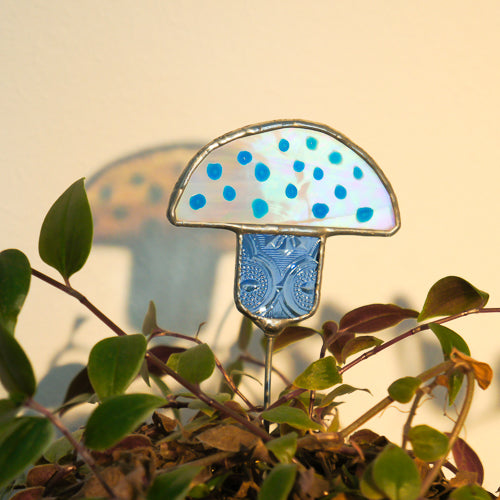 Pilz, Handgemachte Glasdeko von Magpie Castle, Tiffany-Technik, Naturmotive wie Monstera, Pilze & Blumen, zum Aufhängen oder als Pflanzenstecker, kunstvolle Glaskunst aus Österreich.