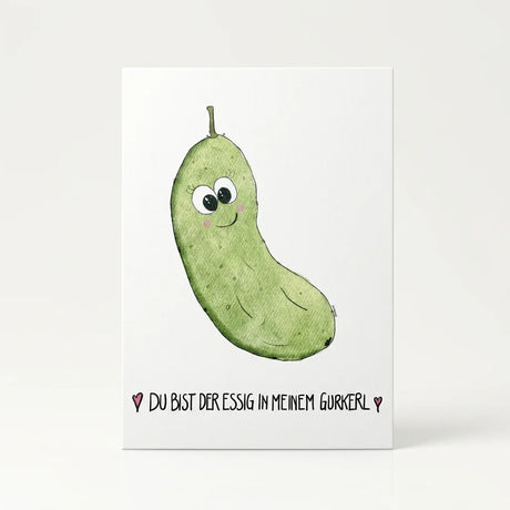 Postkarte mit handgemalter Essiggurkerl-Illustration und Spruch „Du bist der Essig in meinem Gurkerl" auf weißem Premium-Karton.