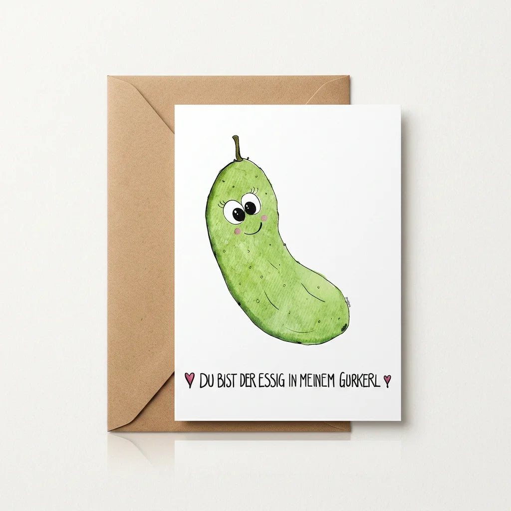 Postkarte mit handgemalter Essiggurkerl-Illustration und Spruch „Du bist der Essig in meinem Gurkerl" auf weißem Premium-Karton.