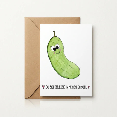Postkarte mit handgemalter Essiggurkerl-Illustration und Spruch „Du bist der Essig in meinem Gurkerl" auf weißem Premium-Karton.