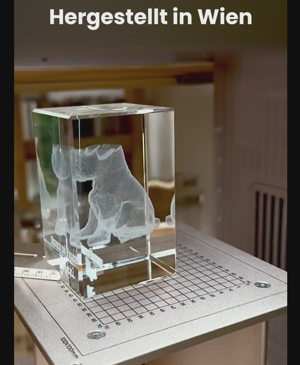 Blick in die Wiener Manufaktur von Dreizack in Ottakring bei der präzisen Herstellung einer 3D Kristallglas-Gravur mittels hochmoderner Lasertechnik.