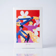 A4 Kunstdruck im Hochformat mit abstrahierter Darstellung von Blumen und einem Fahrrad in bunten Farben. Limitierte Queer Kunst.
