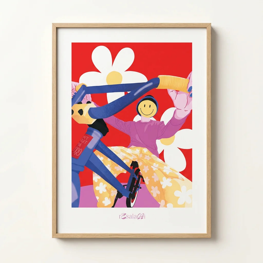 A4 Kunstdruck im Hochformat mit abstrahierter Darstellung von Blumen und einem Fahrrad in bunten Farben. Limitierte Queer Kunst.