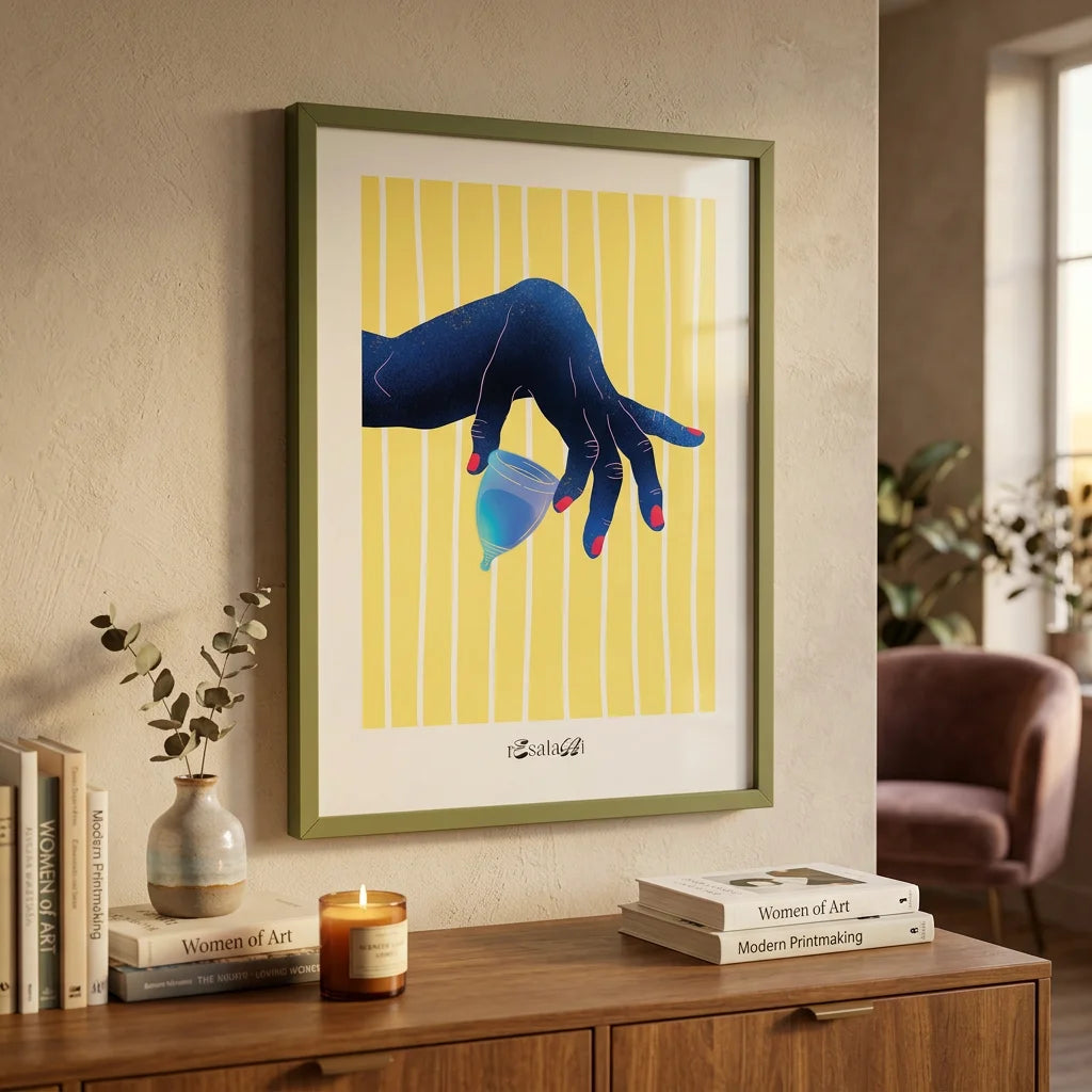 A4 Kunstdruck "Menstruationstasse" mit einer schematischen Darstellung einer Menstruationstasse in lebendigen Farben, auf mattem Papier.