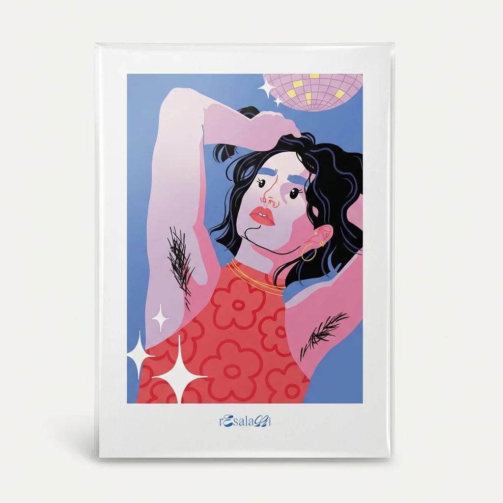 A4 Kunstdruck "Tanzende Frau" in abstrakten, lebendigen Farben, auf mattem Papier gedruckt.