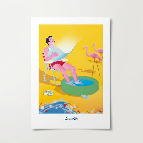 A4 Kunstdruck "Mann am Meer" von Resalami. Ein muskulöser Mann sitzt entspannt am Strand, während die Sonne über dem Meer untergeht. Der Stil ist eine lebendige Queer Kunst mit sanften Farben.