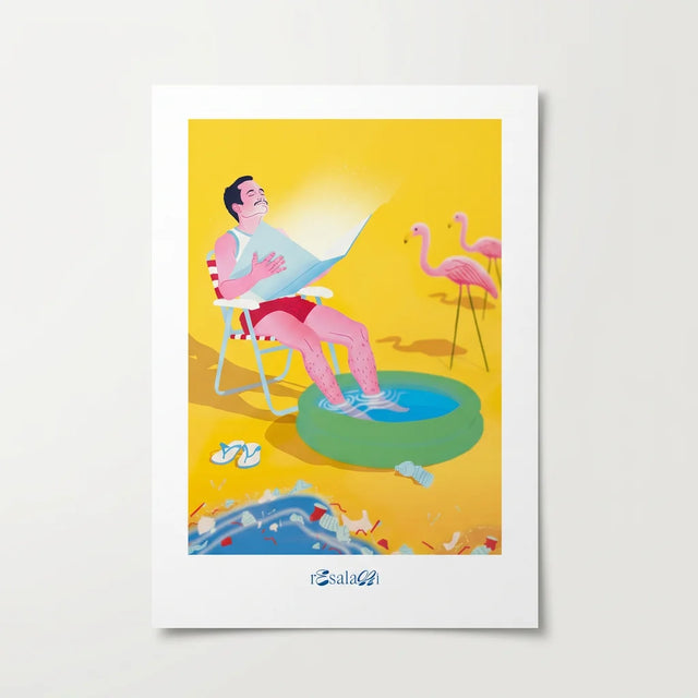 A4 Kunstdruck "Mann am Meer" von Resalami. Ein muskulöser Mann sitzt entspannt am Strand, während die Sonne über dem Meer untergeht. Der Stil ist eine lebendige Queer Kunst mit sanften Farben.