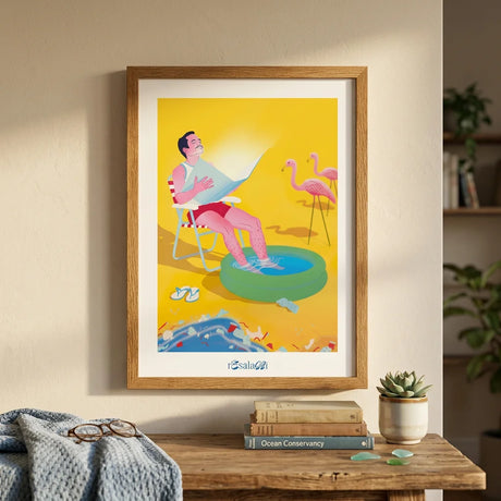 A4 Kunstdruck "Mann am Meer" von Resalami. Ein muskulöser Mann sitzt entspannt am Strand, während die Sonne über dem Meer untergeht. Der Stil ist eine lebendige Queer Kunst mit sanften Farben.