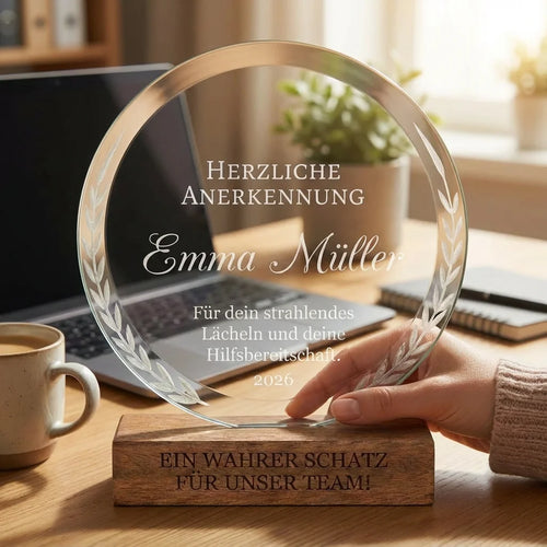 Runder Pokal aus klarem Kristallglas auf einem stabilen Sockel aus hellem Buchenholz vor neutralem Hintergrund