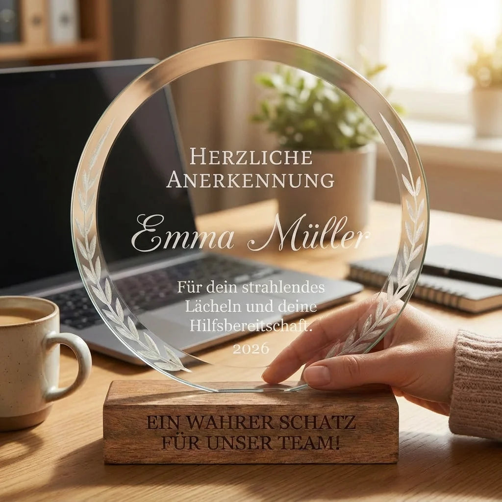 Runder Pokal aus klarem Kristallglas auf einem stabilen Sockel aus hellem Buchenholz vor neutralem Hintergrund