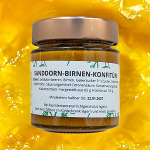 Handgemachte Sanddorn-Birnen-Konfitüre von Romanas Kräuterei, fruchtiger Brotaufstrich aus natürlichen Zutaten, 150g, perfekt für Frühstück & Feinschmecker.