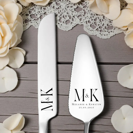 Tortenheber und Messer Set Gold oder Silber – Edelstahl Hochzeits-Set mit Gravur, personalisierbar, graviert in Wien, Geschenkidee Dreizack Wien