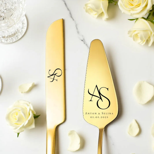 Tortenheber und Messer Set Gold oder Silber – Edelstahl Hochzeits-Set mit Gravur, personalisierbar, graviert in Wien, Geschenkidee Dreizack Wien