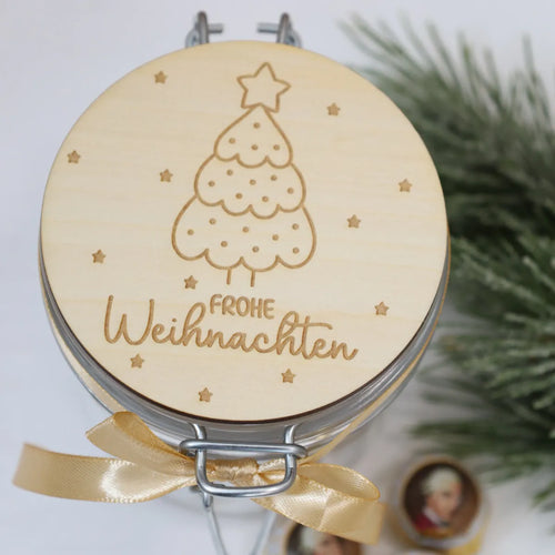Vorratsglas mit graviertem Holzdeckel – personalisiertes Geschenkglas 500 ml, luftdicht, wiederverwendbar, Gravur handmade by Christine.Kreativ.Design, Dreizack Wien