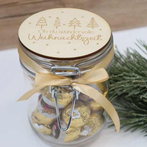 Vorratsglas mit graviertem Holzdeckel – personalisiertes Geschenkglas 500 ml, luftdicht, wiederverwendbar, Gravur handmade by Christine.Kreativ.Design, Dreizack Wien
