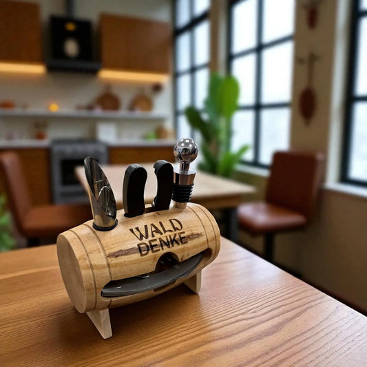 Personalisiertes Weinset als Holzfass mit Gravur, inklusive Kellnermesser, Flaschenverschluss, Weinkragen und Ausgießer, individuelles Geschenk für Weinliebhaber, hochwertige Gravur in Wien.