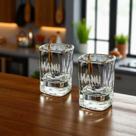 Quadratisches 4cl-Schnapsglas mit Gravur – klares EU-Qualitätsglas, spülmaschinenfest & personalisierbar für Gastronomie oder Events