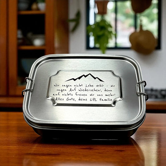 Edelstahl Lunchbox 1200 ml mit Gravur – 2 Fächer, auslaufsicher, plastikfrei & spülmaschinenfest, individuell graviert bei Dreizack Wien