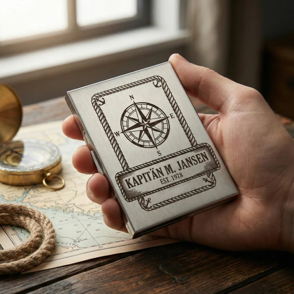 Ein schlankes, silberglänzendes Zigarettenetui aus Edelstahl mit einer individuellen Gravur auf der Vorderseite.