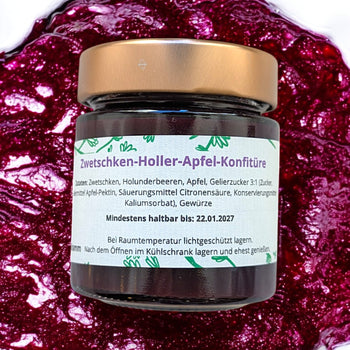 Handgemachte Zwetschken-Holler-Apfel-Konfitüre von Romanas Kräuterei, fruchtige Marmelade aus regionalen Zutaten, 150g, perfekt für Frühstück & Desserts.