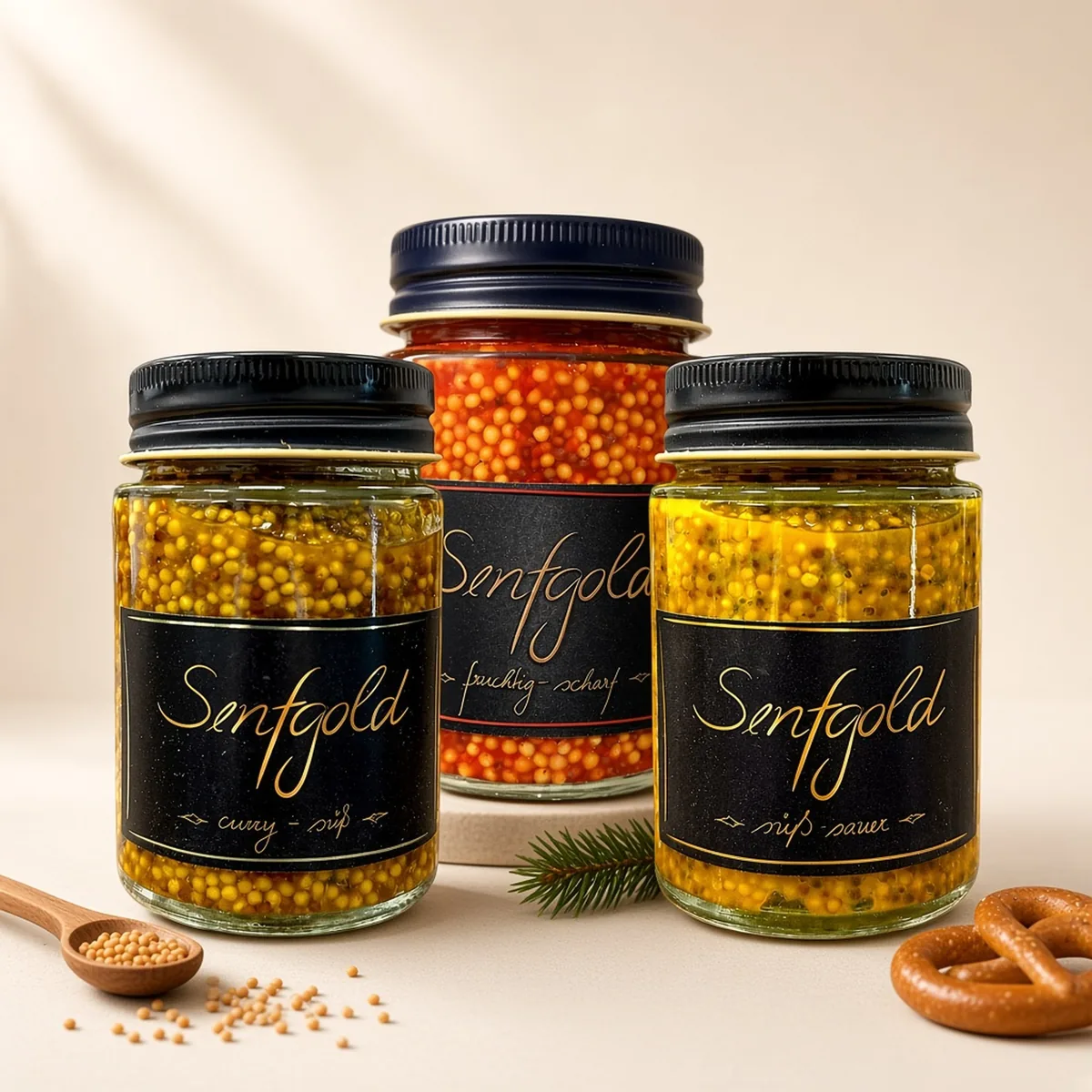Drei Gläser Senfkaviar von Senfgold: Curry, fruchtig-scharf und süß-sauer, davor Senfkörner und eine Brezel