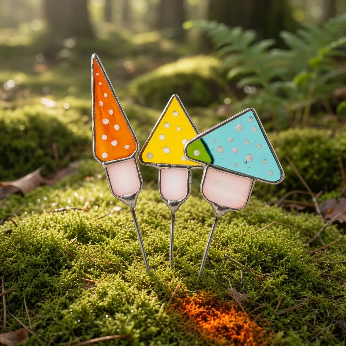 Drei Tiffany-Pilze aus Glas in Orange, Gelb und Hellblau, im Waldmoos gesteckt