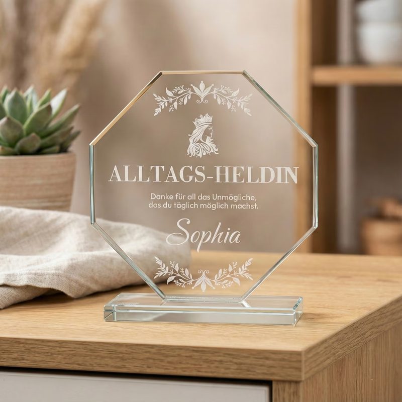 Achteckiger Glaspokal mit gravierter Widmung „Alltags-Heldin“ und einem Namen, auf einem Holztisch