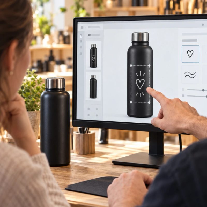Am Bildschirm wird das Gravurmotiv auf der Trinkflasche ausgerichtet, daneben steht die Flasche auf dem Tisch