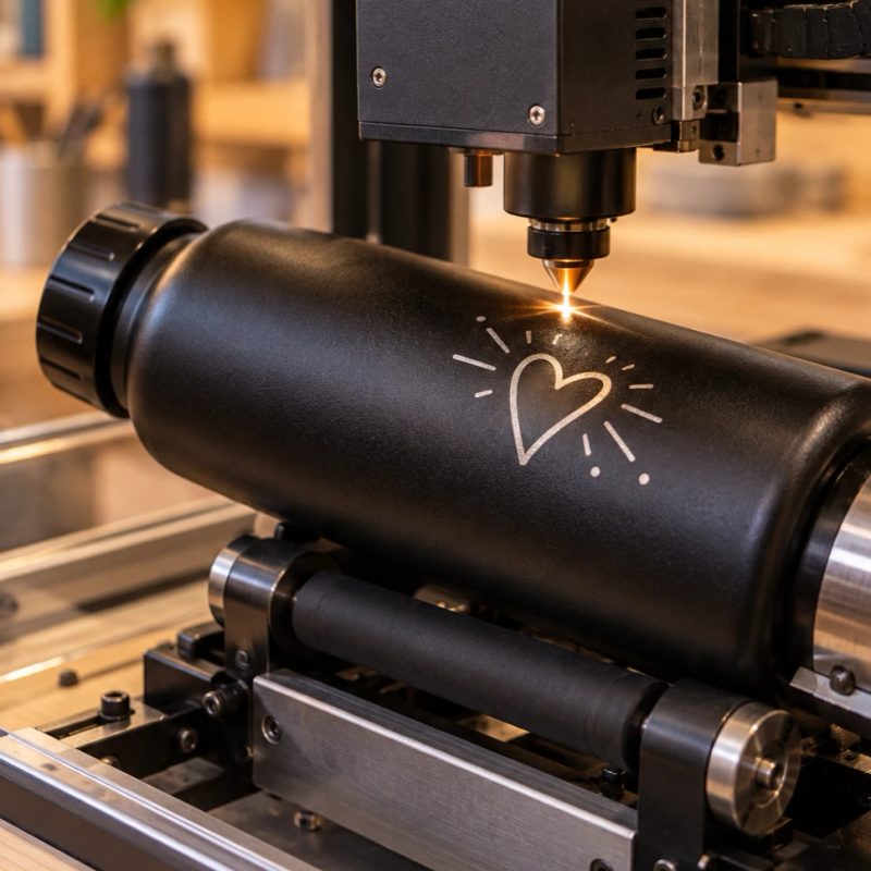 Die Lasergravur arbeitet: Eine schwarze Trinkflasche liegt in der Maschine, das Herzmotiv ist bereits zur Hälfte eingraviert