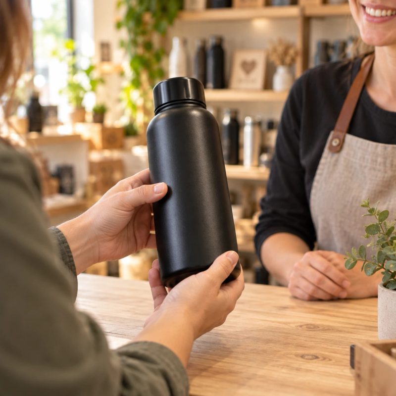 Eine schwarze Trinkflasche wird im Geschäft über den Ladentisch gereicht, dahinter steht eine Mitarbeiterin mit Schürze