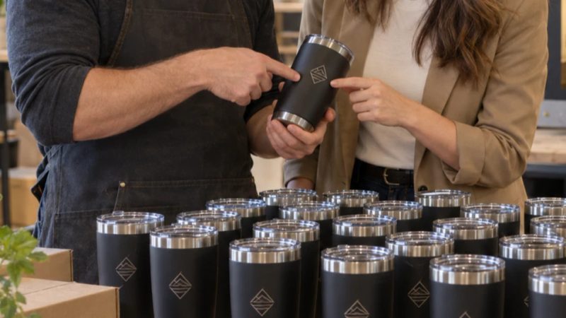 Zwei Personen begutachten einen schwarzen Thermobecher mit graviertem Logo, davor stehen viele gleiche Becher aufgereiht