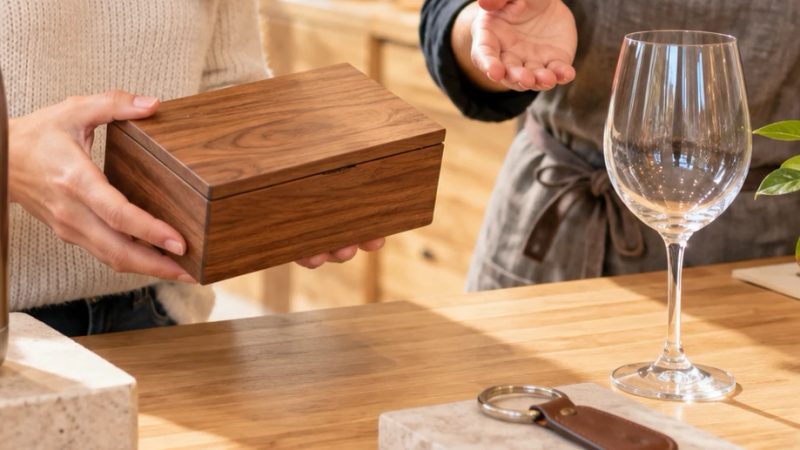 Eine Holzschatulle aus Nussbaum wird gereicht, daneben ein Weinglas und ein Schlüsselanhänger aus Leder