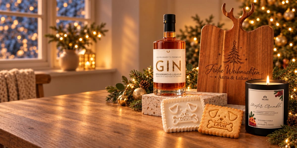 Weihnachtlicher Holztisch vor Christbaum und Lichterkette: ein Rentier-Servierbrett mit der Gravur „Frohe Weihnachten – Anna & Lukas“, eine Flasche Lebkuchen-Gin-Likör von Ashburner, die Duftkerze „Winter Crumble“ von Morii, ein personalisierter Keksausstecher und ein damit ausgestochener Keks mit dem Namen „Louie“