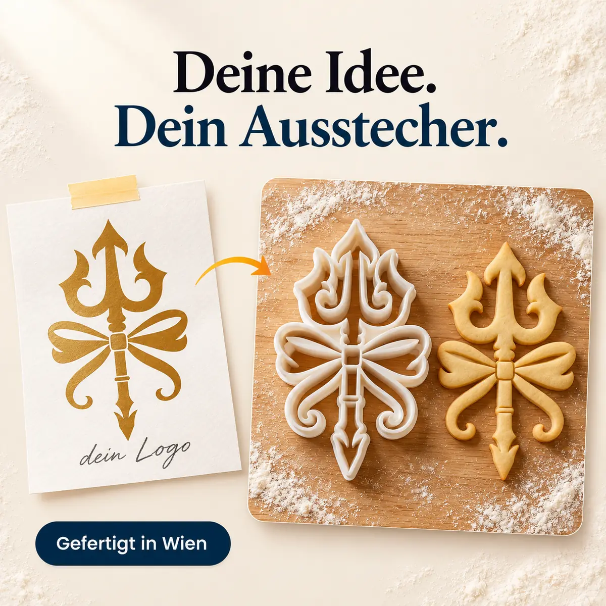 Goldenes Logo auf Papier, daneben der daraus gefertigte weiße Keksausstecher in Logoform und ein ausgestochener Keks auf bemehltem Holzbrett