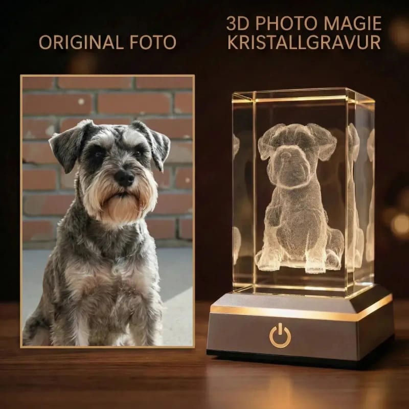 Links das Foto eines Schnauzers, rechts derselbe Hund als 3D-Figur im Kristall