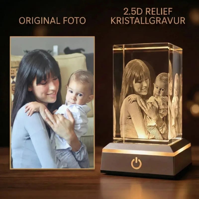 Links das Foto einer Mutter mit Baby, rechts dasselbe Motiv als 2.5D-Relief im Kristall