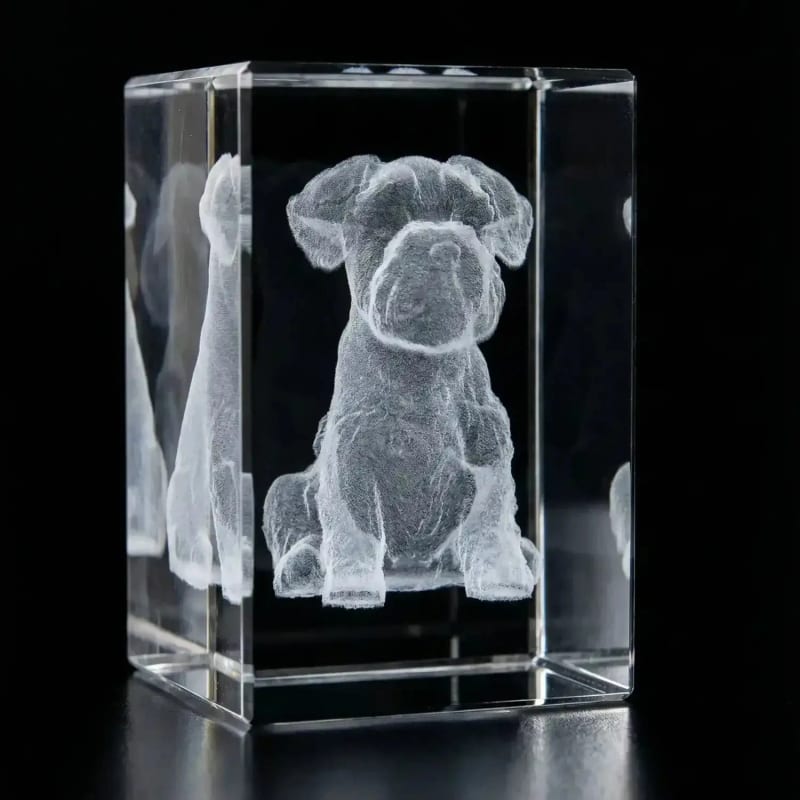 3D Photo-Magie: ein Hund als vollständige dreidimensionale Figur im Kristallglas